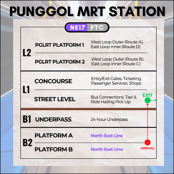 Map of Punggol MRT Station to reach Waterway Point