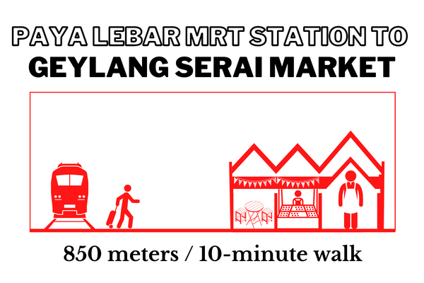 Walking time and distance from Paya Lebar MRT Station to Geylang Serai Market