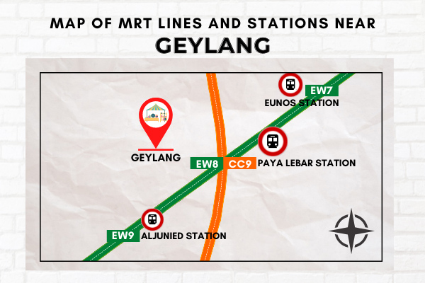 Map of MRT Lines and Stations near Geylang