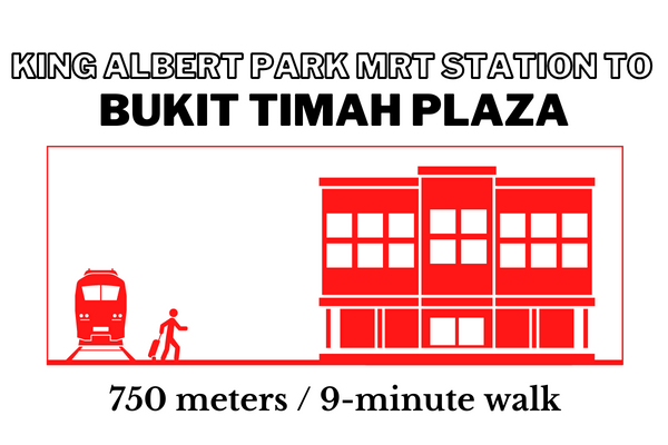 Walking time and distance from King Albert Park MRT Station to Bukit Timah Plaza
