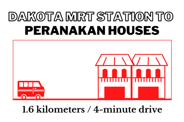 Driving time and distance from Dakota MRT Station to Peranakan Houses